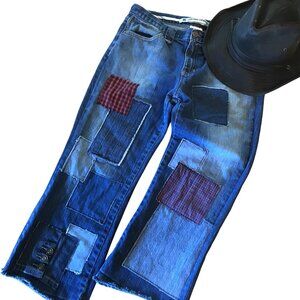 Upcycled Patchwork Jeans Reworked Cropped Grunge Red Plaid Patches Sz 10 Junior
